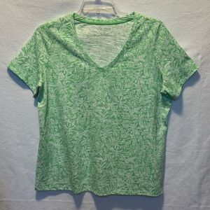 Talbots Women T-Shirt Plus 1X Short Sleeve V Neck Green Leaf Print Summer Spring